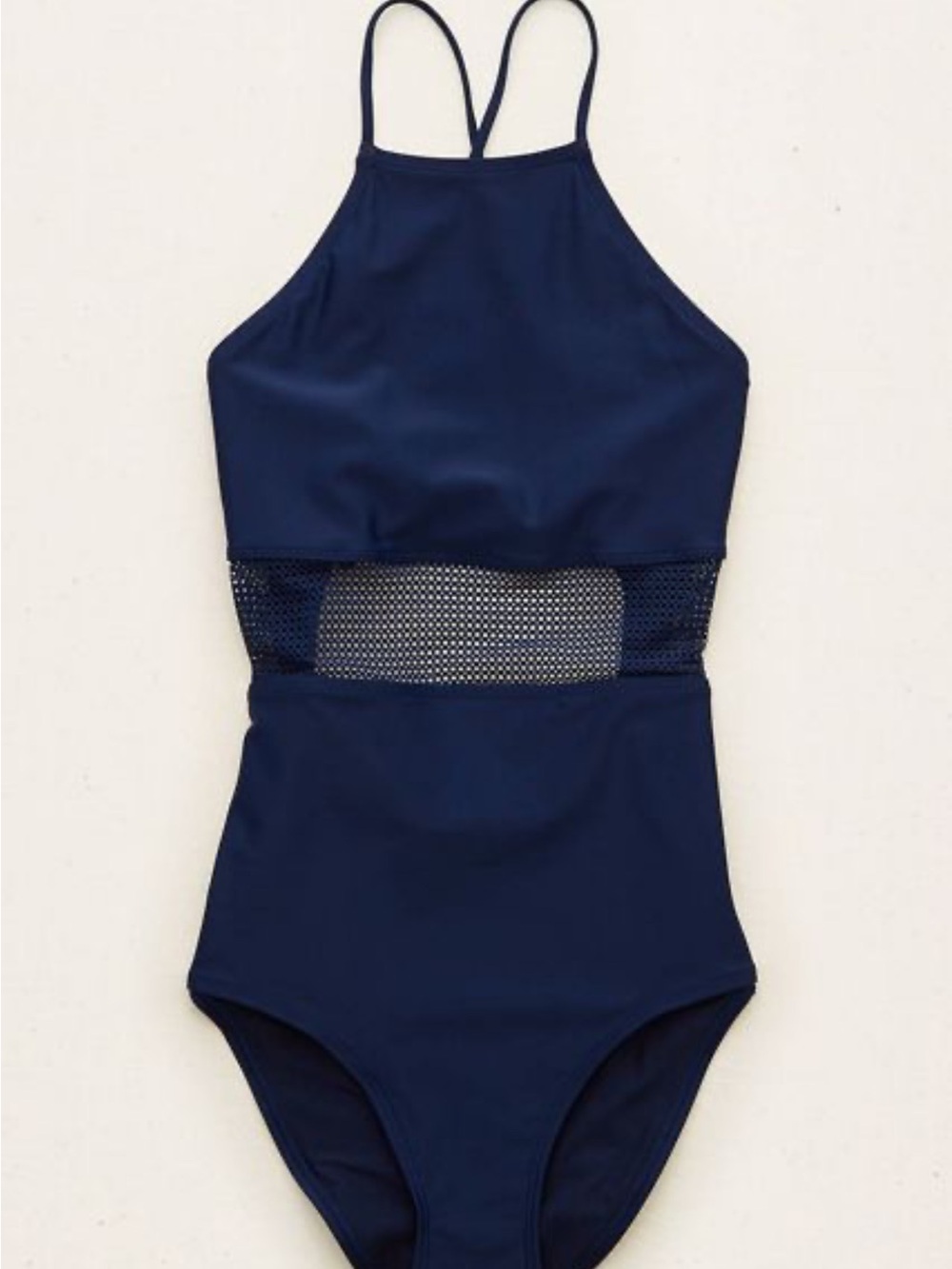 aerie Girls' Navy High-Neck One-Piece Swimsuit with Mesh Waist